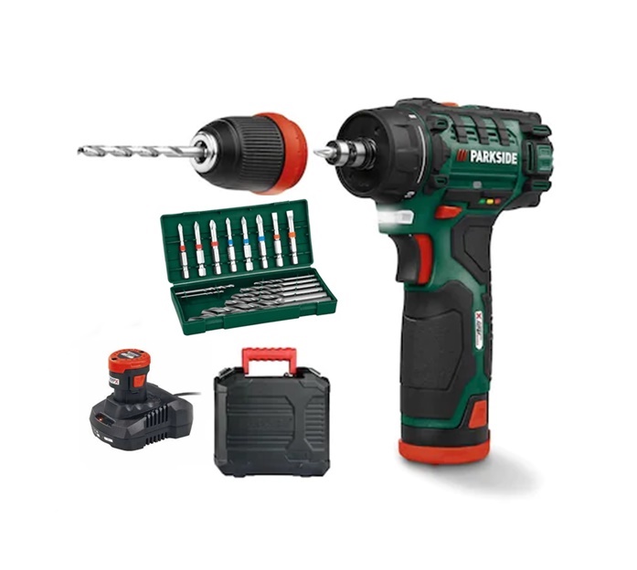 PARKSIDE PBSA 12 E4 12 V-os fúró-csavarozó szett – akku
