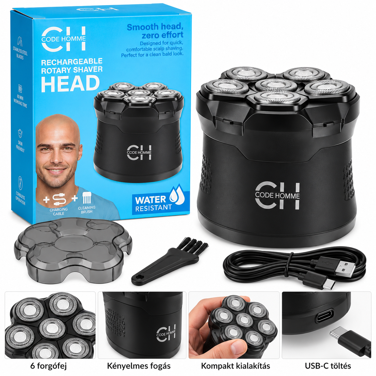 Code Homme elektromos fejborotva – 6 forgófejes, USB-C tölthető - Image 2